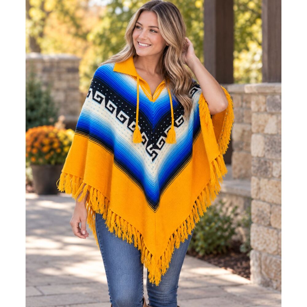 Vintage Women's Size XL Mexican Style Poncho Cape Yellow Blue Geometric Fringe